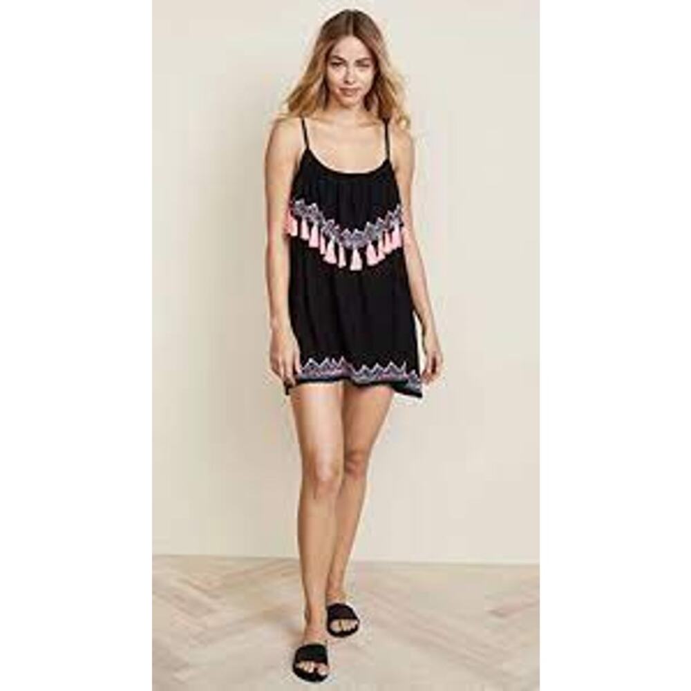 Tiare Hawaii Black w/ Pink Tassels Adjustable Straps Mini Dress Coverup O/S